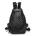 Women's black washed soft leather backpack with quilted texture and silver zipper detail - Diamond Embroidery Thread / Black