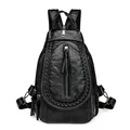 Black soft leather multi-purpose small backpack with woven trim and metal zipper details - Vertical Zip Braided Edge / Black