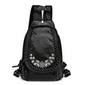 Black soft leather multi-use backpack with floral embroidery and rhinestone details - Rhinestone Orchid Embroidery / Black