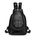 Mini black washed leather backpack with woven edges and sparkling twin cats pattern - Studded Cat Pattern