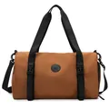 Brown water-resistant travel duffel bag with black straps and adjustable buckles - Brown