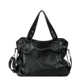 Retro black faux leather tote bag featuring metal rivet details and a soft texture - Black