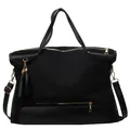 Large black woven canvas tote bag with leather patchwork and gold metal hardware - Black