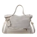 Grey canvas tote bag with beige leather trim, golden hardware, and white tassel detail - Off-white
