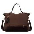 Large canvas tote bag in dark brown with leather splicing and tassel decoration - Coffee