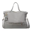 Large grey canvas tote bag with leather patchwork, tassels, and adjustable shoulder strap - Silver