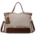 Large beige canvas tote bag with brown leather trim and tassel detail in variant view - Khaki