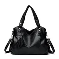 Bolso tote de piel sintética negra con borlas y correa ajustable para el hombro - Negro