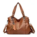 Bolso tote de piel sintética marrón oscuro con borla elegante y correa de hombro - Marrón Amarillento