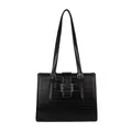 Large black tote bag with horizontal texture and adjustable silver buckle shoulder straps - Black