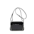 Black glossy patent leather shoulder bag with silver chain and FASHION & BAGS text - Black
