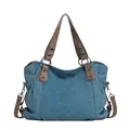 Borsa tote da donna in tela blu denim con manici marroni e grande capacità interna - Blu