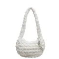 Minimalist white puffy cloud shoulder bag with quilted texture and rhinestone knot - White