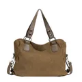 Borsa marrone in tela con manici in pelle e tracolla regolabile da donna stile casual - Marrone