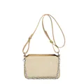 Beige woven crossbody bag with brown leather trim and stylish silver chain strap - Khaki