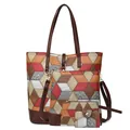 Quilted 4-piece handbag set featuring tote, crossbody and wallet in brown patchwork leather - Red Patchwork