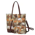 Brown and orange geometric patchwork women tote four-piece bag set with gold hardware - Brown Patchwork