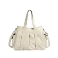 Bolso tote beige minimalista con textura de cuero plisado y correa ajustable - Blanco Roto