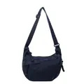 Dark blue denim hobo shoulder bag with crescent shape and woven drawstring details - Dark Blue