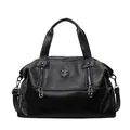 Borsa a mano nera con trama litchi, logo metallico e cerniere laterali in ecopelle PU - Nero
