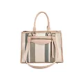Groen en gebroken wit gestreepte canvas shopper met bruine leren handvaten en schouderriem - Blauw Klein