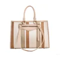 Retro canvas shopper met bruine verticale strepen en verstelbare leren schouderriem - Khaki Groot