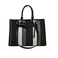 Gestreepte canvas shopper met zwarte lederen hengsels en gouden metalen hardware - Zwart Groot