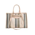 Gestreepte canvas draagtas in beige en grijs met roze leren handvaten en een schouderriem - Blauw Groot