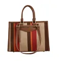 Grote gestreepte canvas tote tas met bruine lederen rand en schouderriem - Bruin Groot