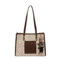 Beige and brown monogram tote bag with front leather pocket and cute rabbit charm - Single Bag / White & Coffee
