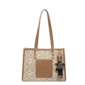 Brown and beige vintage tote bag with monogram print and a cute rabbit charm - Single Bag / White & Khaki