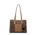 Brown monogram tote bag with leather pocket and cute rabbit charm for work - Single Bag / Khaki