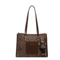 Vintage brown monogram tote bag with leather pocket and decorative rabbit charm - Single Bag / Coffee