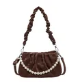 Dark brown pleated crossbody bag with large pearl chain and adjustable shoulder strap - Coffee