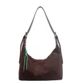 Brown suede crescent tote bag with dark brown strap and green woven keychain - Brown