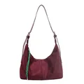 Large burgundy hobo tote bag in suede texture with a green woven rope detail - Burgundy