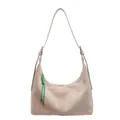 Beige suede hobo shoulder bag with a decorative green woven cord and minimalist design - Off White