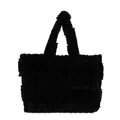 Black plush faux fur tote bag with vertical stripes and soft top handles - Black