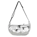 Silver metallic nylon crossbody bag with dual front pockets and adjustable black strap - Silver PU Style