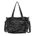 Black vintage denim tote bag with functional pockets and detachable round coin purse - Dark Brown
