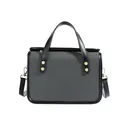 Petit sac carré en toile grise avec bordures en cuir noir et finitions métalliques dorées - Noir