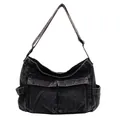 Retro black denim messenger bag with vintage wash finish and red contrast stitching detail - Black