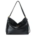 Bolso tote grande de cuero encerado negro brillante con hebilla de metal dorado y aros - Negro