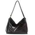 Bolso hobo vintage grande marrón oscuro en cuero brillante con detalles dorados - Marrón