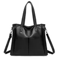 Large black pebbled leather tote bag with front pockets and adjustable shoulder strap - Black