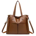 Deep brown large capacity faux leather tote bag with functional double front pockets - Brown
