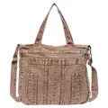 Retro washed brown denim tote bag with adjustable strap and utility pockets for casual wear - Khaki