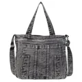 Vintage grey washed denim tote bag with multiple pockets and adjustable shoulder strap - Black