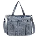 Retro washed blue denim tote bag with multiple front pockets and adjustable strap - Blue
