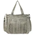 Vintage washed grey denim tote bag with four front pockets and reinforced shoulder straps - Green